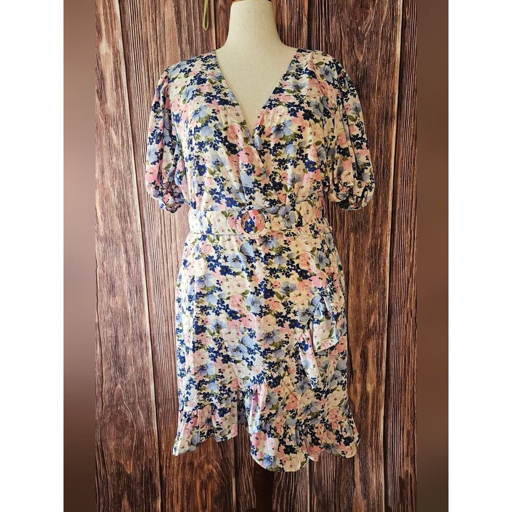 Nasty Gal Floral Faux Wrap Ruffle Mini Dress Size 18